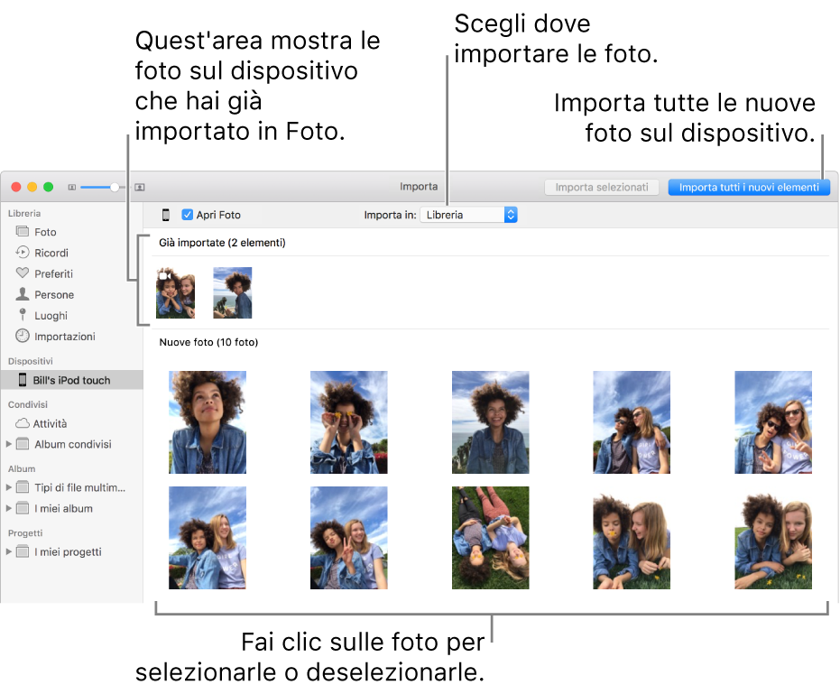 Le foto già importate nel dispositivo sono visualizzate nella parte superiore del pannello. Le nuove foto sono nella parte inferiore. Nella parte superiore, al centro, è disponibile il menu a comparsa “Importa in”. Il pulsante “Importa tutte le nuove foto” è in alto a destra.