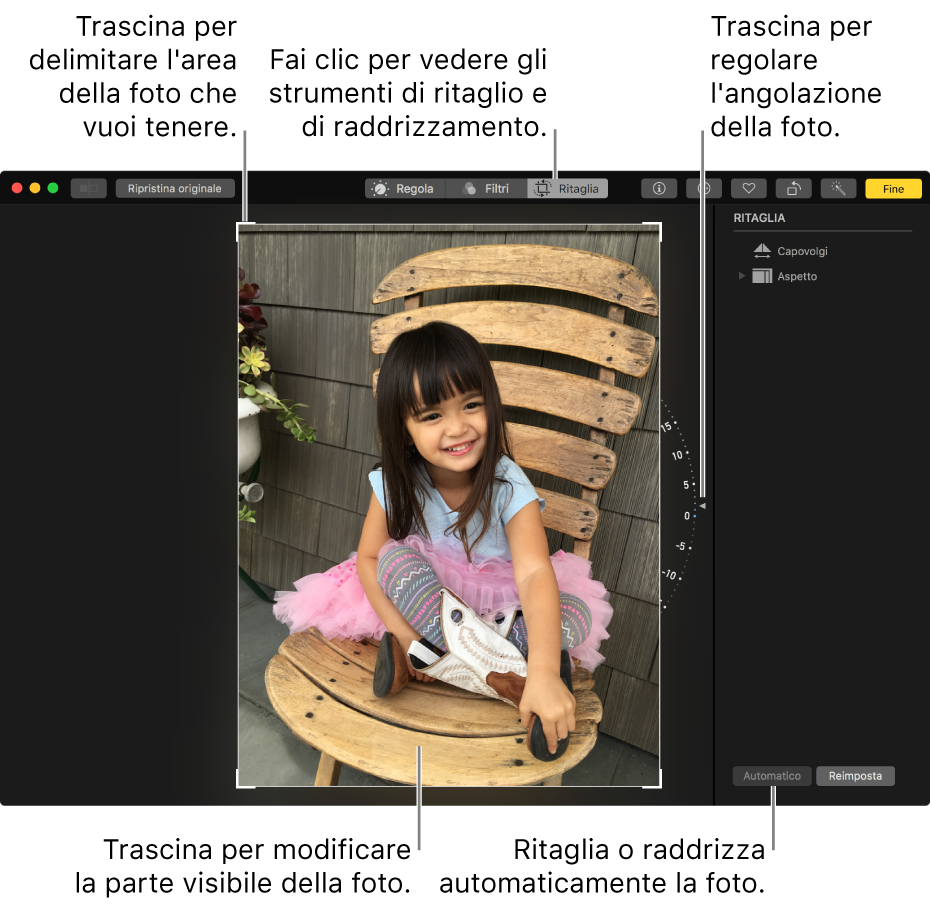 Una foto nella vista di modifica con le opzioni Ritaglia e Raddrizza.