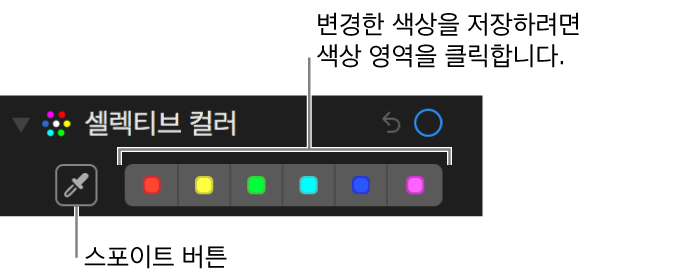 스포이트 버튼 및 색상 저장소를 표시하는 셀렉티브 컬러 제어기.