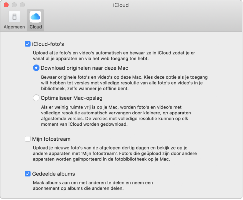 Het paneel 'iCloud' in het voorkeurenvenster van Foto's.