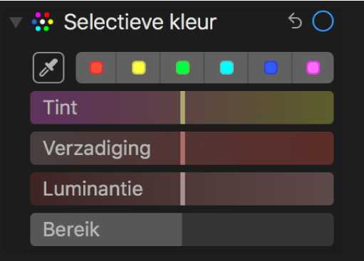 De regelaars voor 'Selectieve kleur' met schuifknoppen voor 'Tint', 'Verzadiging', 'Luminantie' en 'Bereik'.
