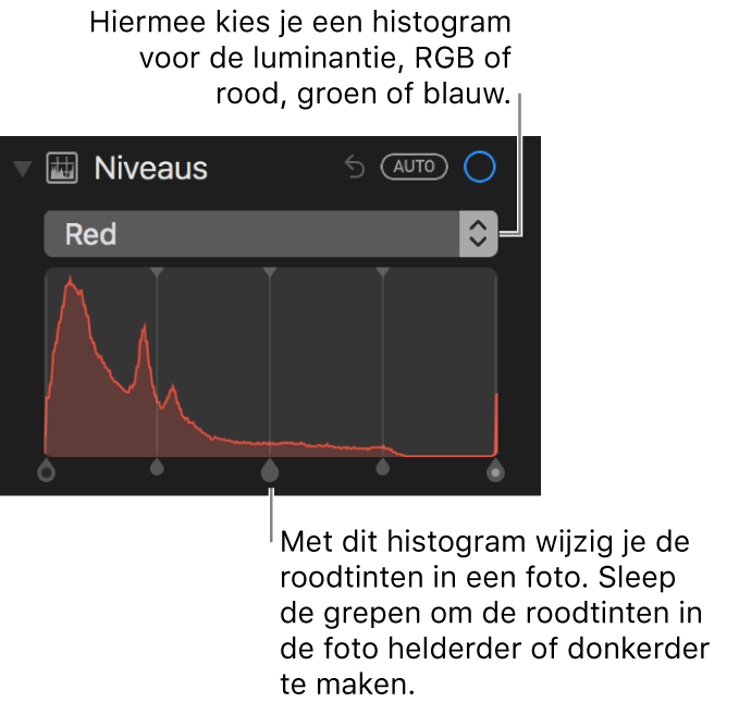 De niveauregelaars en het histogram voor het wijzigen van rood in een foto.