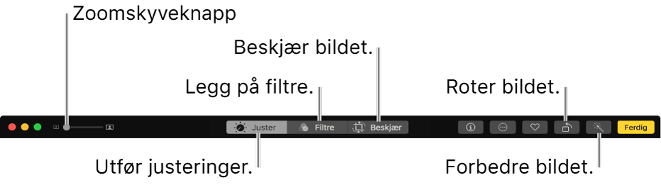 Rediger-verktøylinjen som viser knapper for å vise justeringer, legge til filtre og beskjære bilder.