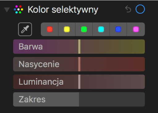 Narzędzia panelu Kolor selektywny oraz suwaki Barwa, Nasycenie i Luminancja.