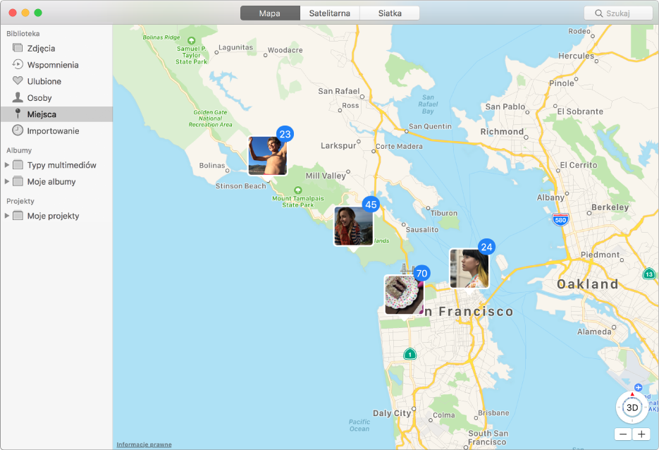 Okno aplikacji Zdjęcia zawierające mapę z miniaturkami zdjęć pogrupowanymi według miejsc.