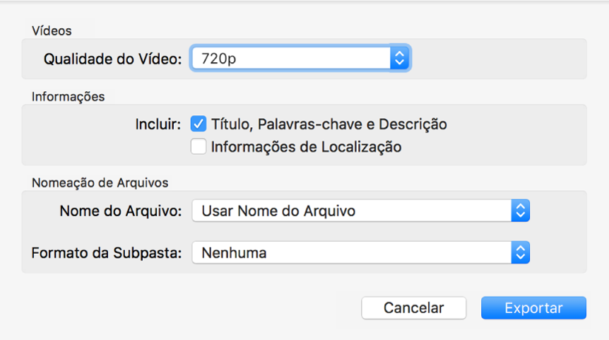 Uma caixa de diálogo mostrando opções para exportar vídeos.