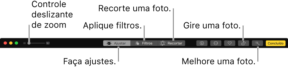 A barra de ferramentas Editar, mostrando botões para fazer ajustes, adicionar filtros e recortar fotos.
