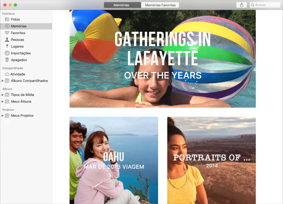 A janela do Fotos mostrando o recurso Memórias selecionado na barra lateral e várias memórias exibidas.