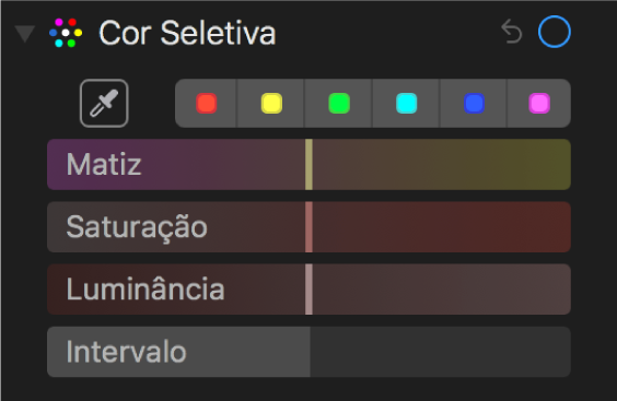 Os controles de Cor Seletiva exibindo os controles Matiz, Saturação, Luminância e Intervalo.