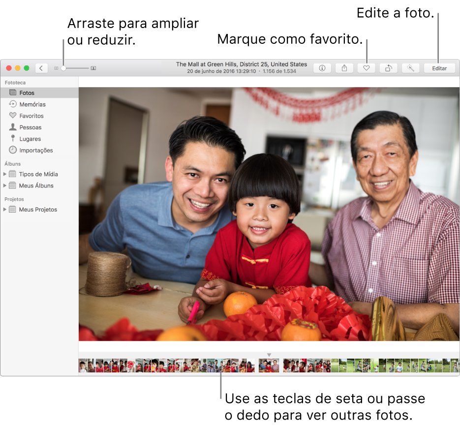 A janela Fotos mostrando uma foto ampliada à direita com uma fileira de miniaturas abaixo. A barra de ferramentas na parte superior inclui o controle deslizante de Zoom, o botão Favoritos e o botão Editar.