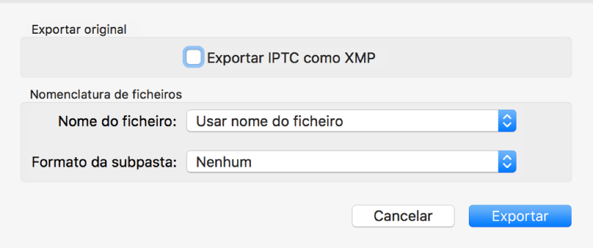 Uma caixa de diálogo a mostrar as opções para exportar ficheiros de fotografia com o formato original.