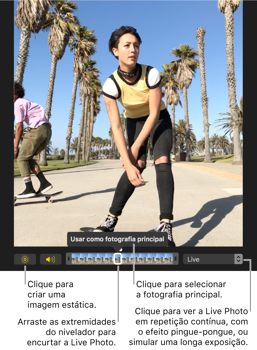 Uma Live Photo na vista de edição e, por baixo, um nivelador que mostra os fotogramas da fotografia. À esquerda do nivelador aparecem os botões de Live Photo e de altifalante, e à direita o menu pop-up que permite adicionar uma repetição contínua, um efeito de pingue-pongue ou de longa exposição.