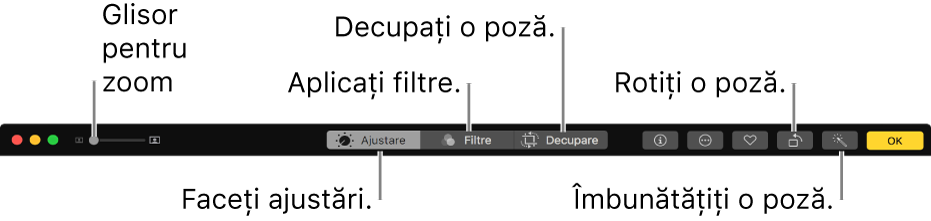 Bara de instrumente Editare, cu butoanele pentru ajustări, adăugarea filtrelor și decuparea pozelor.