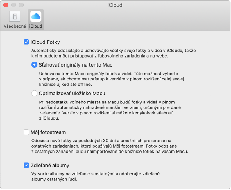 Panel iCloud v nastaveniach aplikácie Fotky.