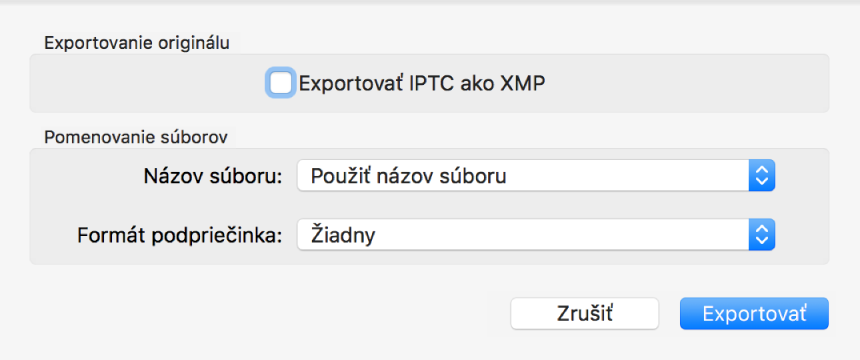 Dialógové okno zobrazujúce možnosti pre exportovanie súborov fotiek v pôvodnom formáte.