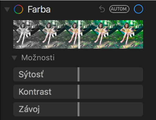 Oblasť Farby na paneli Úpravy zobrazujúca posuvníky pre nastavnia Sýtosť, Kontrast a Šmuhy.