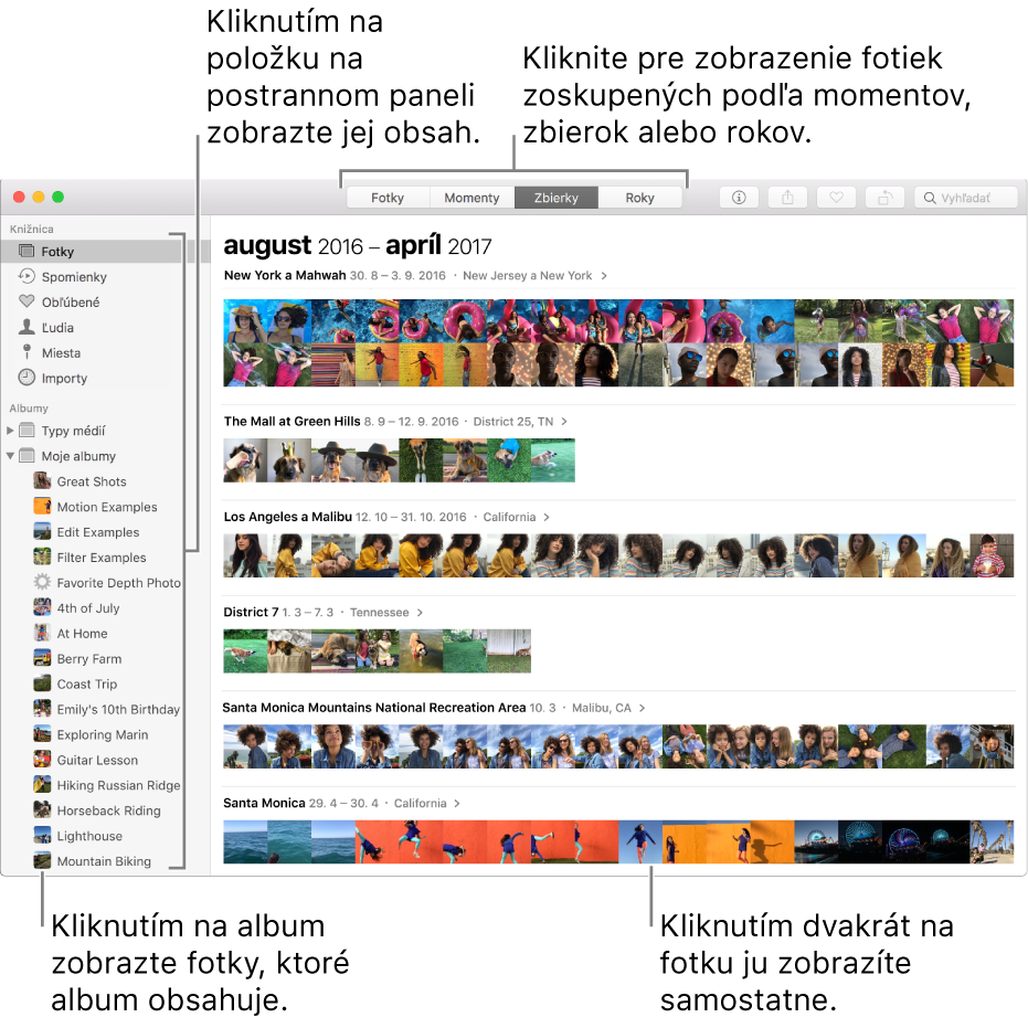 Okno aplikácie Fotky, v ktorom sa zobrazujú fotky usporiadané podľa zbierky.