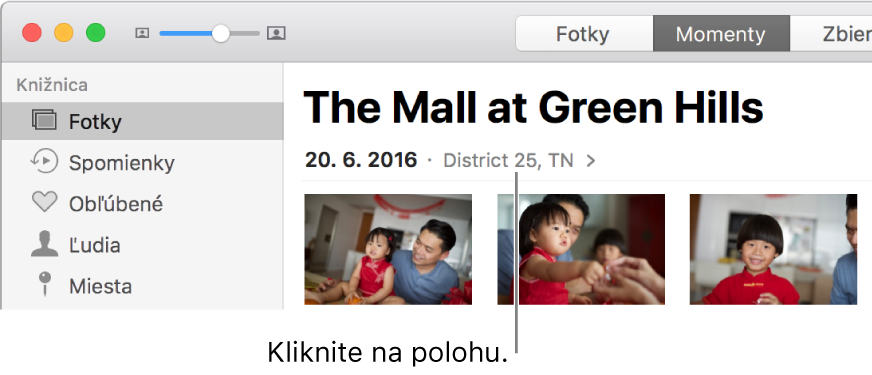 Nadpis momentu a pod ním je zobrazená lokalita.