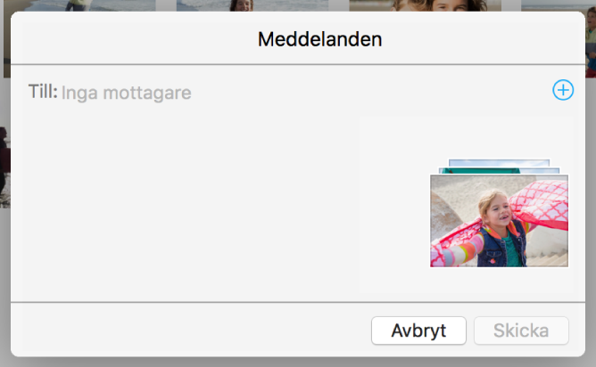 En dialogruta för att lägga till mottagare när du delar bilder från Bilder via Meddelanden.