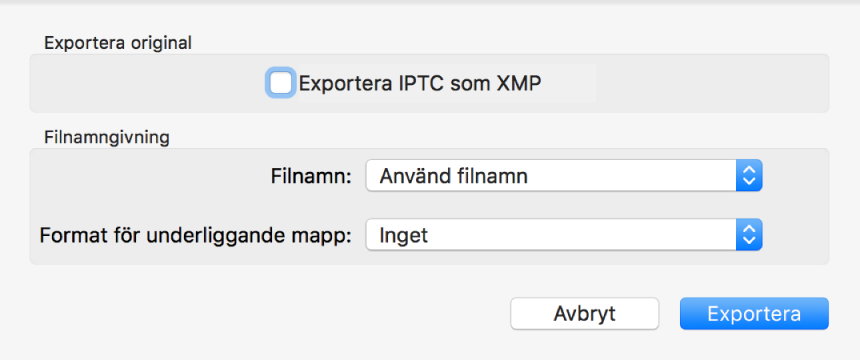 En dialogruta som visar alternativ för att exportera bildfiler i ursprungsformat.