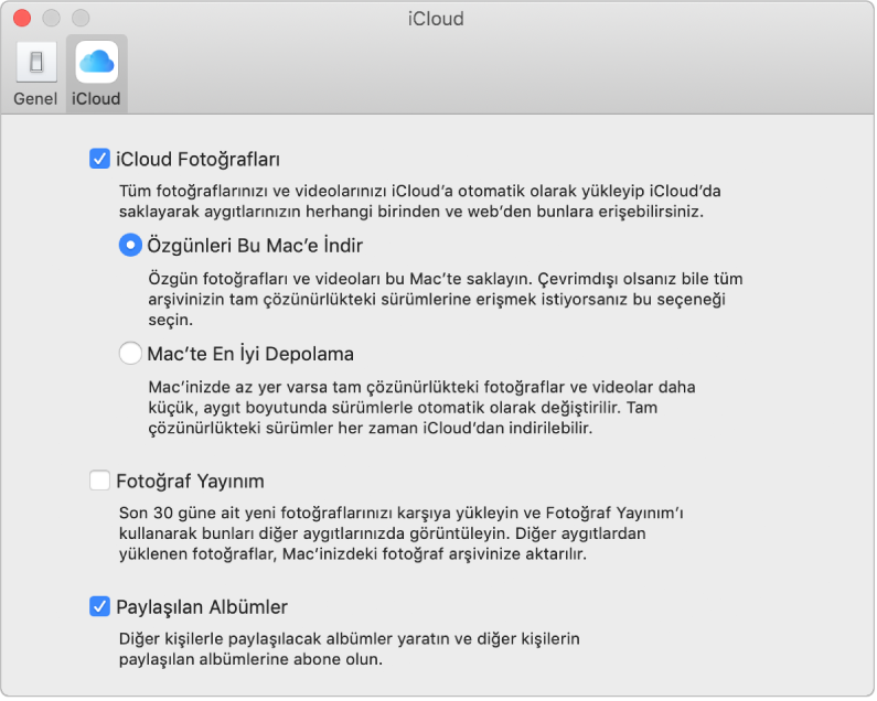 Fotoğraflar tercihler penceresinin iCloud bölümü.