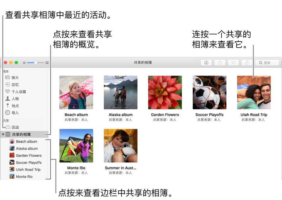 “照片”窗口的“共享的相簿”面板，显示共享的相簿。