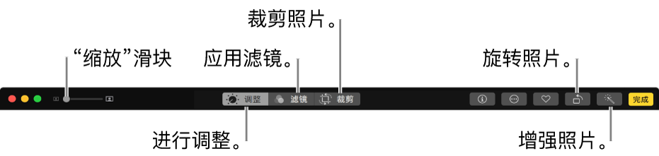 编辑工具栏显示的按钮用于调整、添加滤镜和裁剪照片。