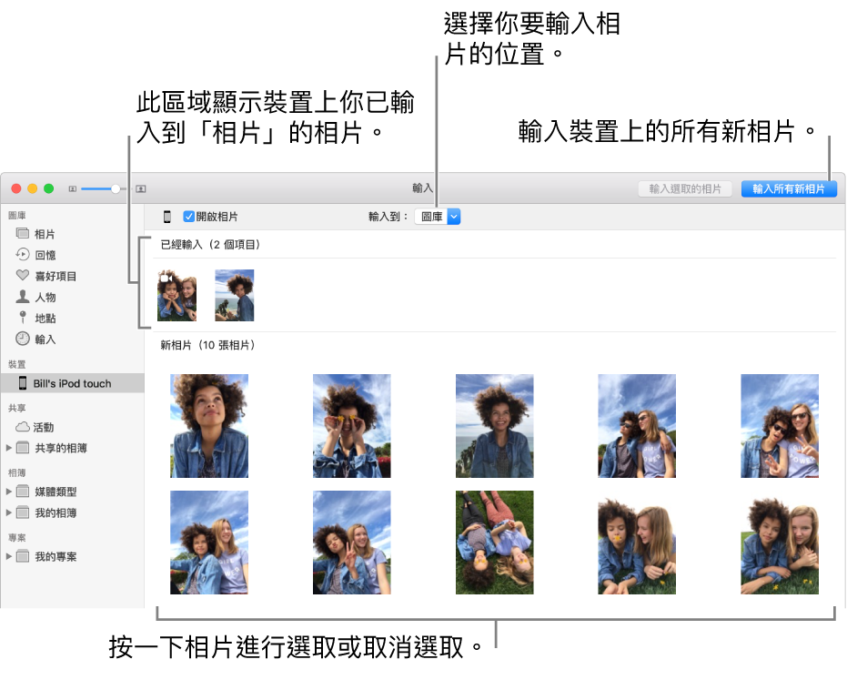你已從裝置輸入的相片會顯示在面板最上方；新相片位於底部。最上方中間是「輸入到」彈出式選單。「輸入所有新相片」按鈕位於右上角。