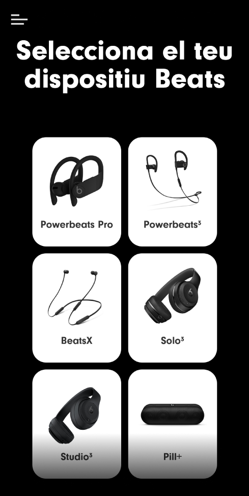 App Beats que mostra la pantalla “Selecciona el teu dispositiu Beats”