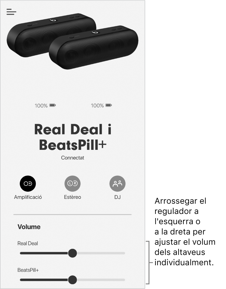Pantalla de l’app Beats en mode Amplificació que mostra els controls de volum de dos altaveus