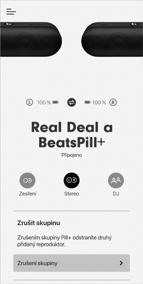 Obrazovka aplikace Beats v režimu Stereo