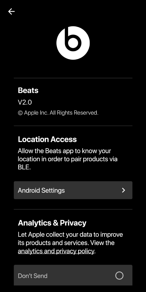 Beats app settings showing Beats app version, Location Access settings, and Analytics and Privacy settings
