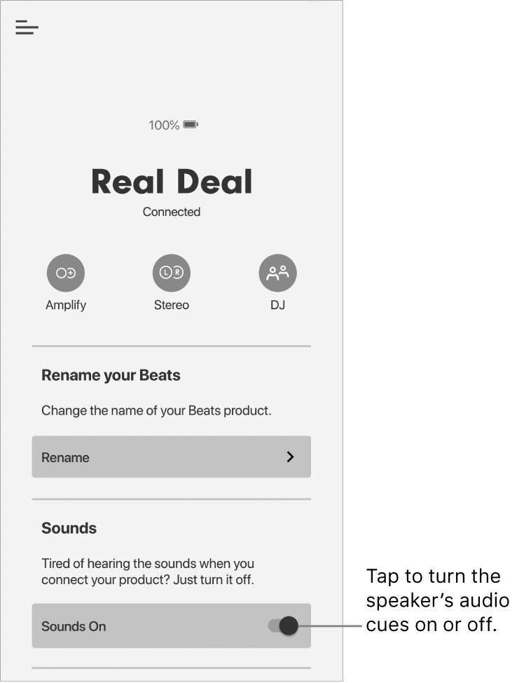 “Sounds” control in the Beats app device screen