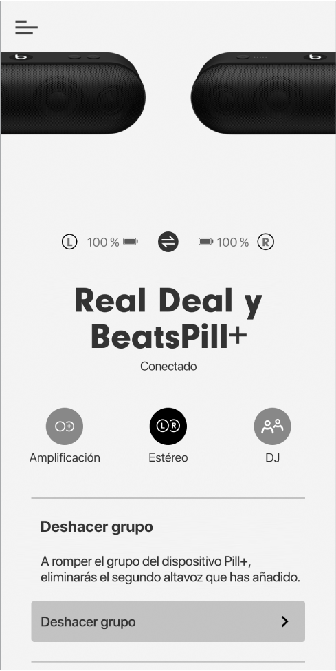 La pantalla de la app Beats en modo Estéreo