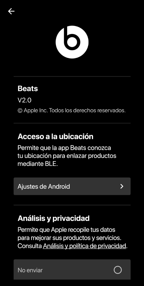 Pantalla de ajustes de la app Beats, con la versión de la app Beats y los ajustes de “Acceso a la ubicación” y “Análisis y privacidad”