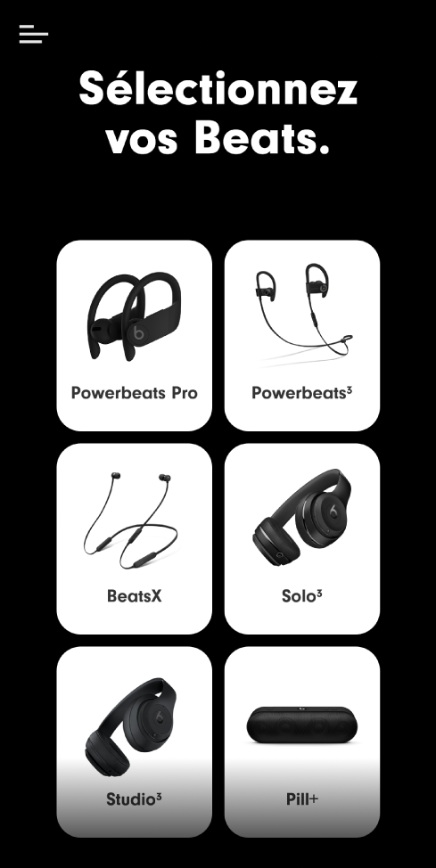 Écran « Sélectionnez vos Beats » qui affiche les appareils compatibles