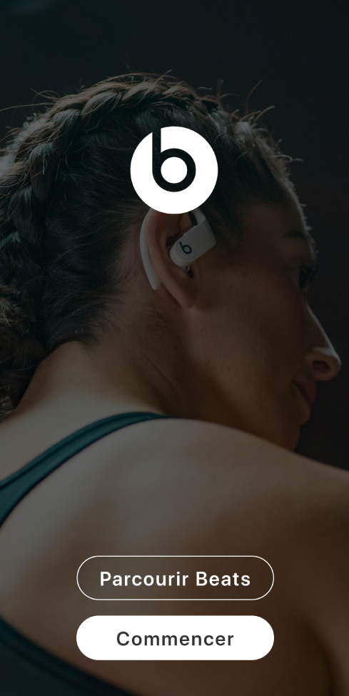L’écran d’accueil de l’app Beats avec les boutons « Parcourir Beats » et « Commencer »