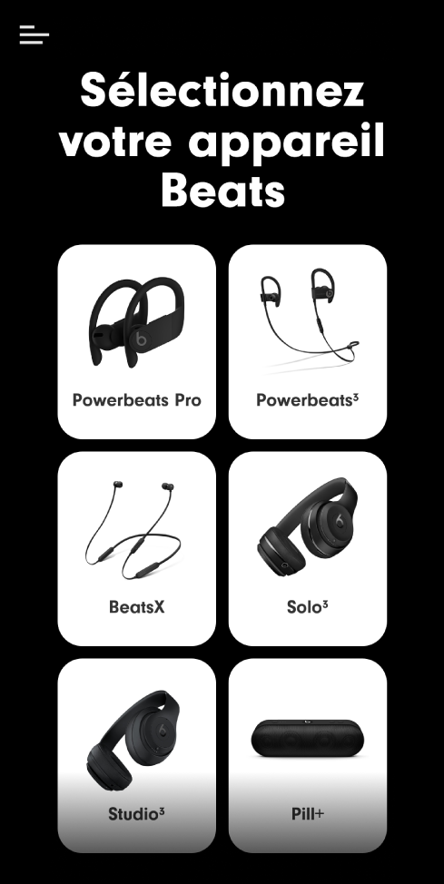 L’écran « Sélectionnez votre appareil Beats » avec les appareils pris en charge
