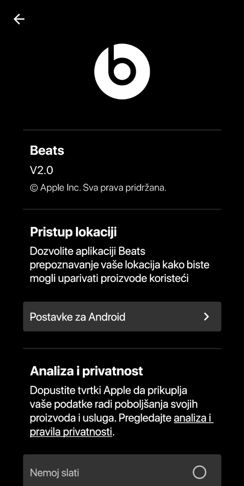 Postavke aplikacije Beats prikazuju verziju aplikacije Beats, postavke Pristup lokaciji i postavke Analitika i Privatnost