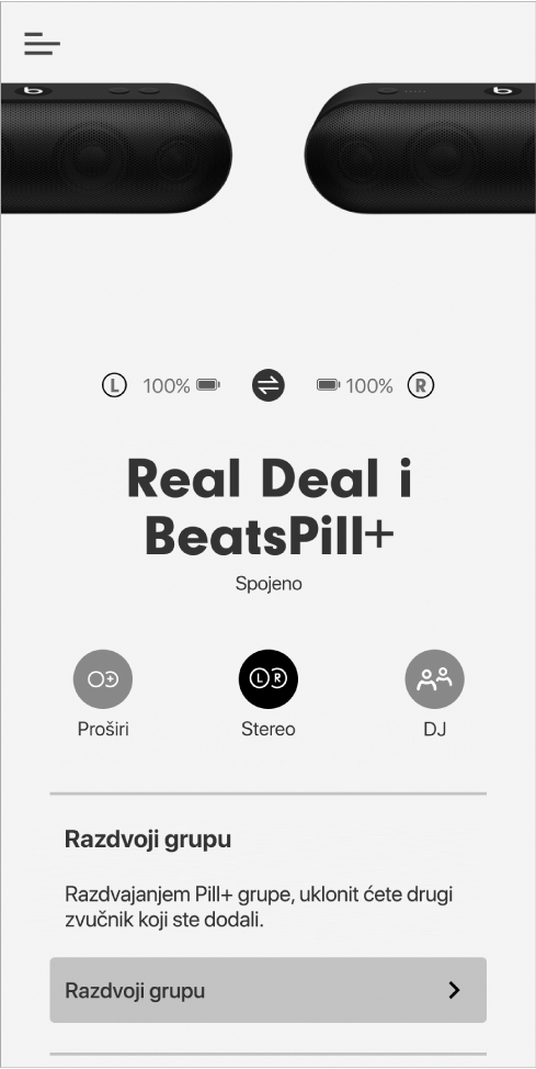 Zaslon aplikacije Beats u Stereo modu