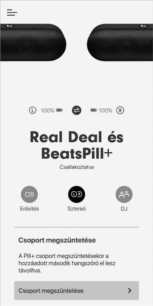 A Beats alkalmazás képernyője Sztereó módban