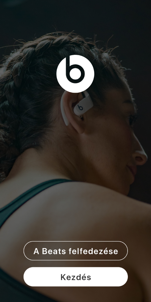 A Beats alkalmazás az Üdvözlőképernyővel, amelyen a Beats felfedezése és a Kezdeti lépések gomb látható