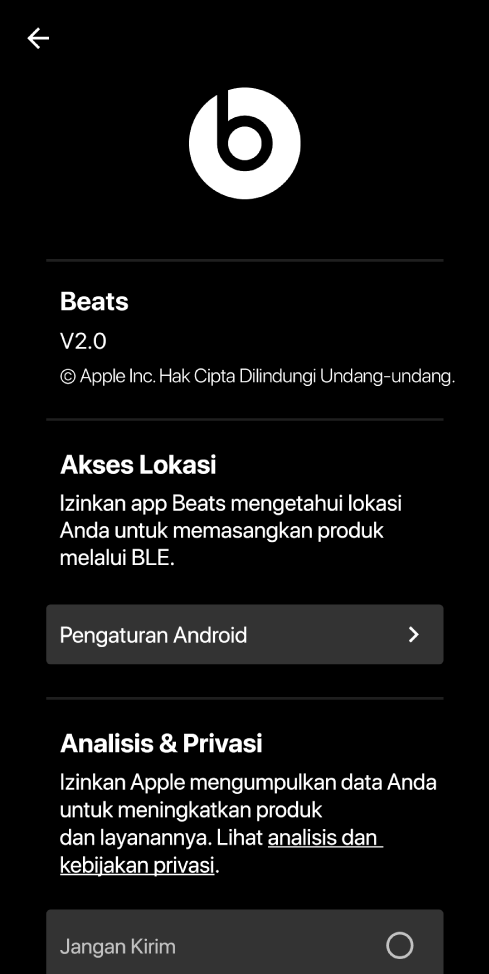 Pengaturan app Beats menampilkan versi app Beats, pengaturan Akses Lokasi, serta pengaturan Analisis dan Privasi