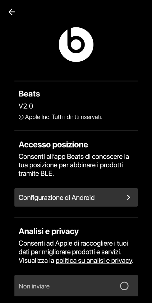 Impostazioni dell'app Beats che mostrano la versione di Beats, le impostazioni di accesso alla posizione e le impostazioni di analisi e privacy