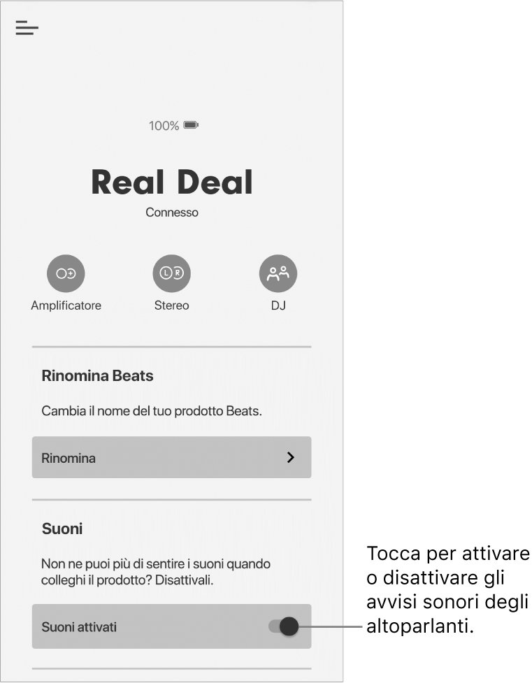 L'opzione “Suoni” nella schermata dell'app Beats del dispositivo