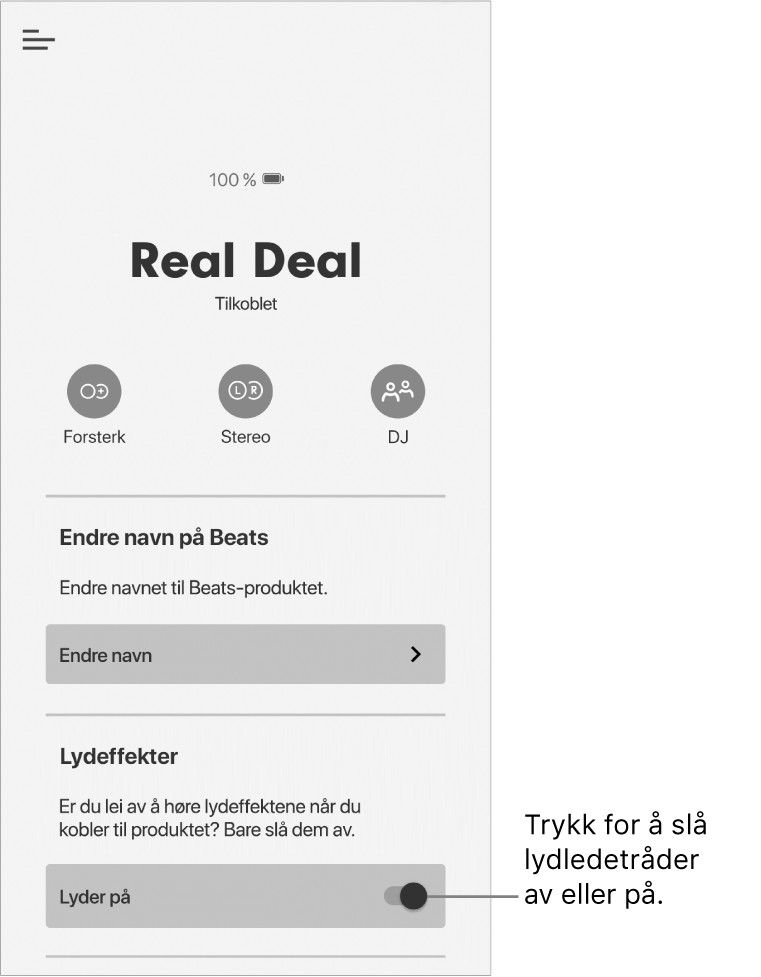 «Lydeffekter»-kontroll på enhetsskjermen i Beats-appen