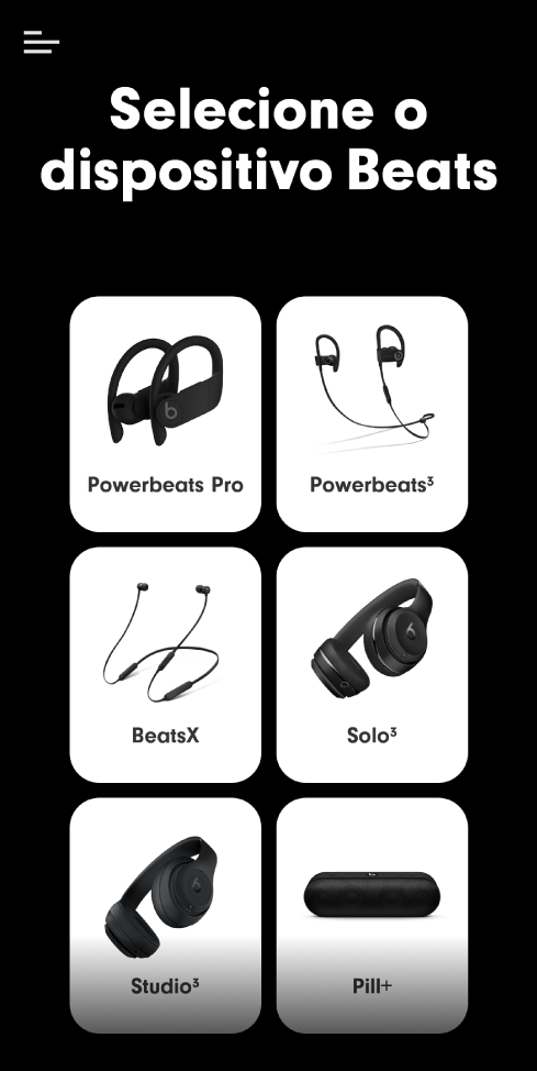 Tela Selecione o dispositivo Beats mostrando dispositivos compatíveis