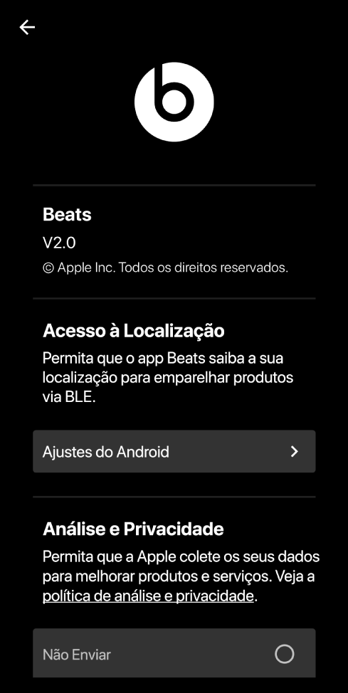 Ajustes do app Beats mostrando a versão do app Beats, ajustes de Acesso à Localização, e ajustes de Análise e Privacidade