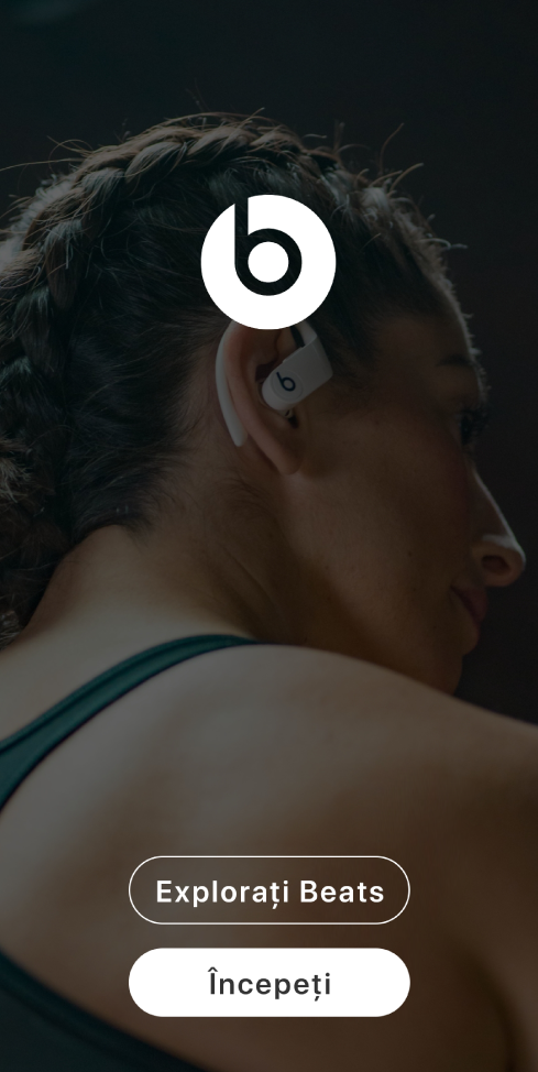 Ecranul Bun venit al aplicației Beats, prezentând butoanele Explorați Beats și Începeți
