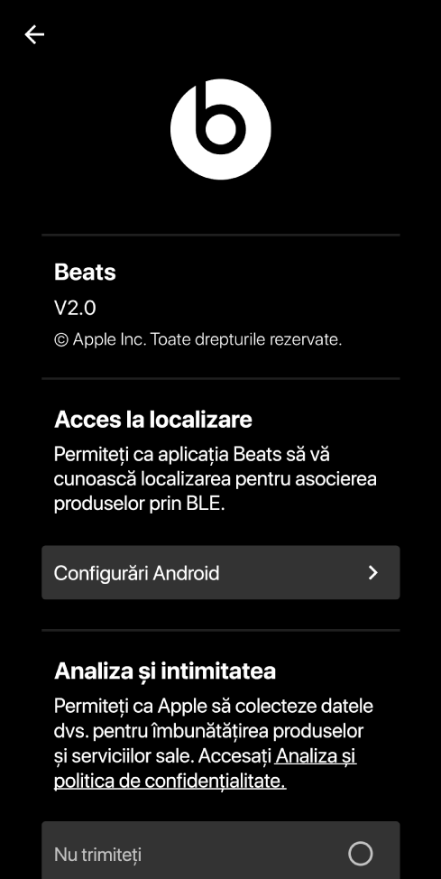 Aplicația Beats afișând versiunea aplicației Beats, configurările Acces la localizare și configurările Analiza și confidențialitatea